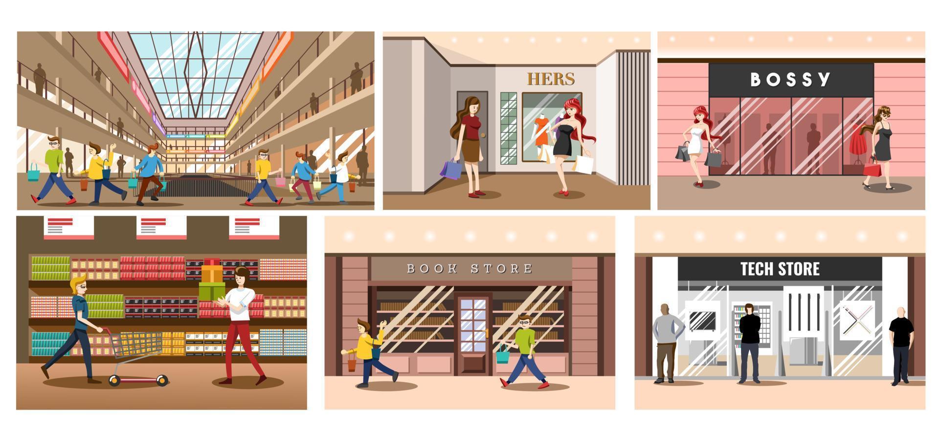 Shopping mall interior set collection vector graphic design