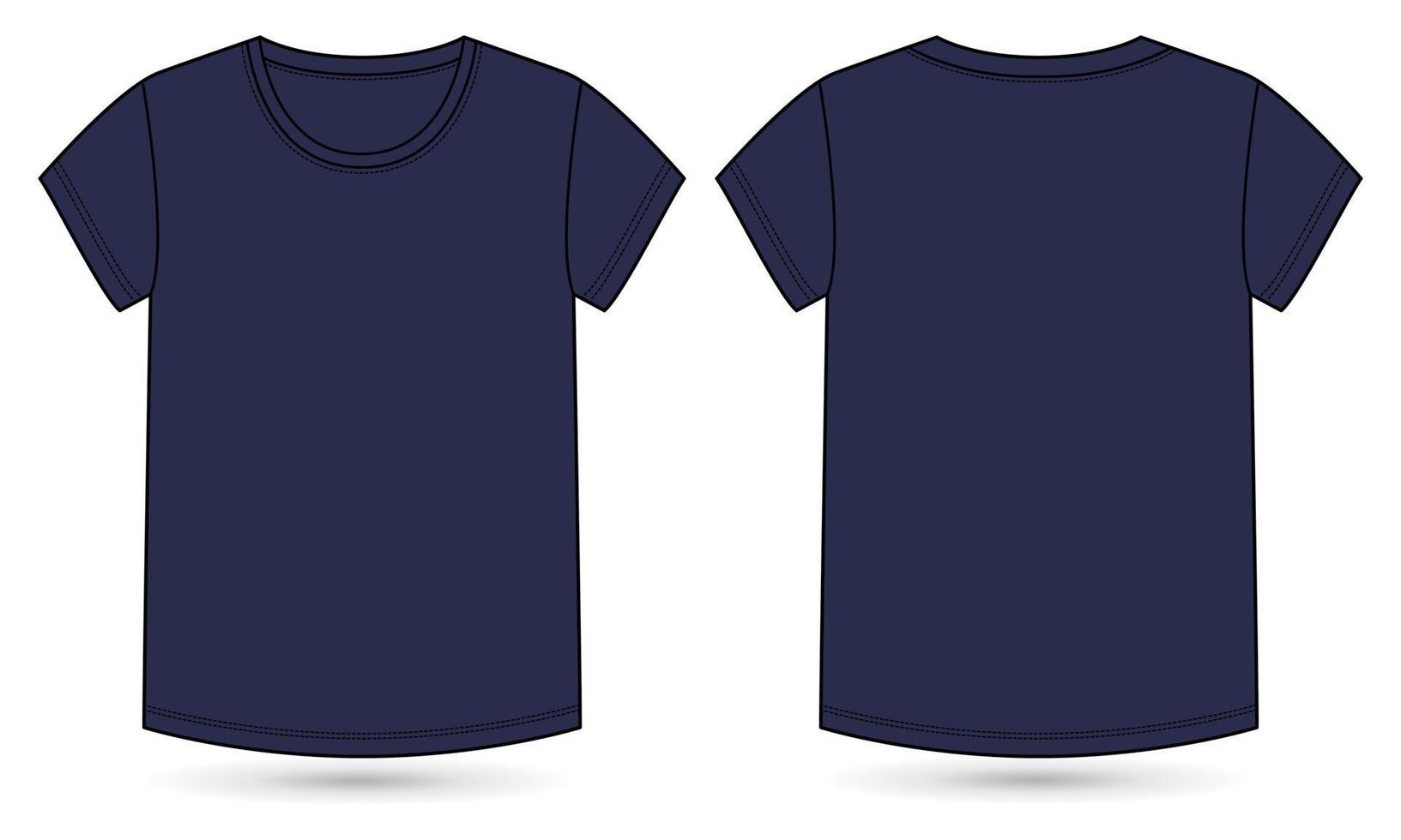 camiseta de manga corta moda técnica boceto plano ilustración vectorial plantilla de color azul marino para damas y niñas vector