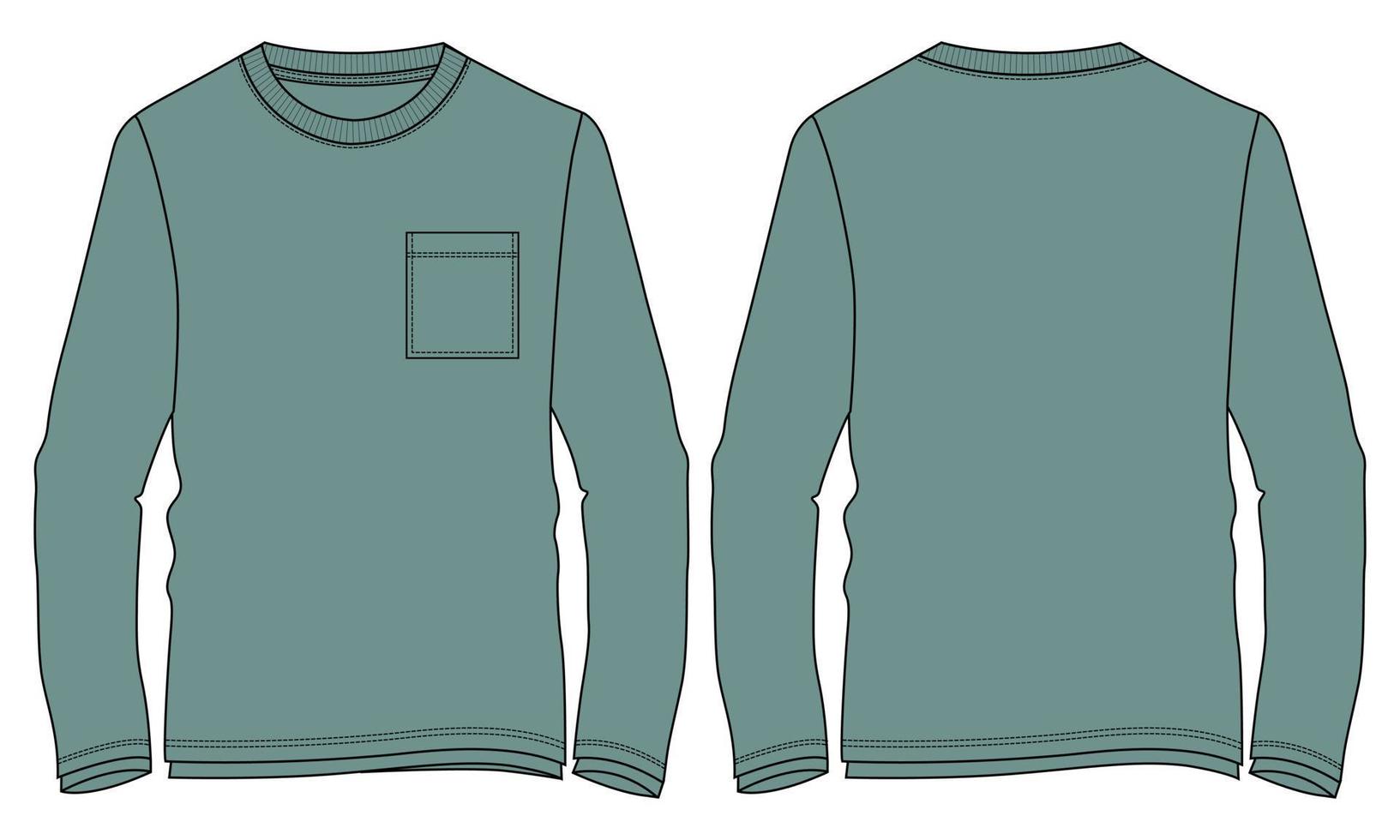 Long sleeve t shirt technical fashion flat sketch  vector illustration Green Color Template