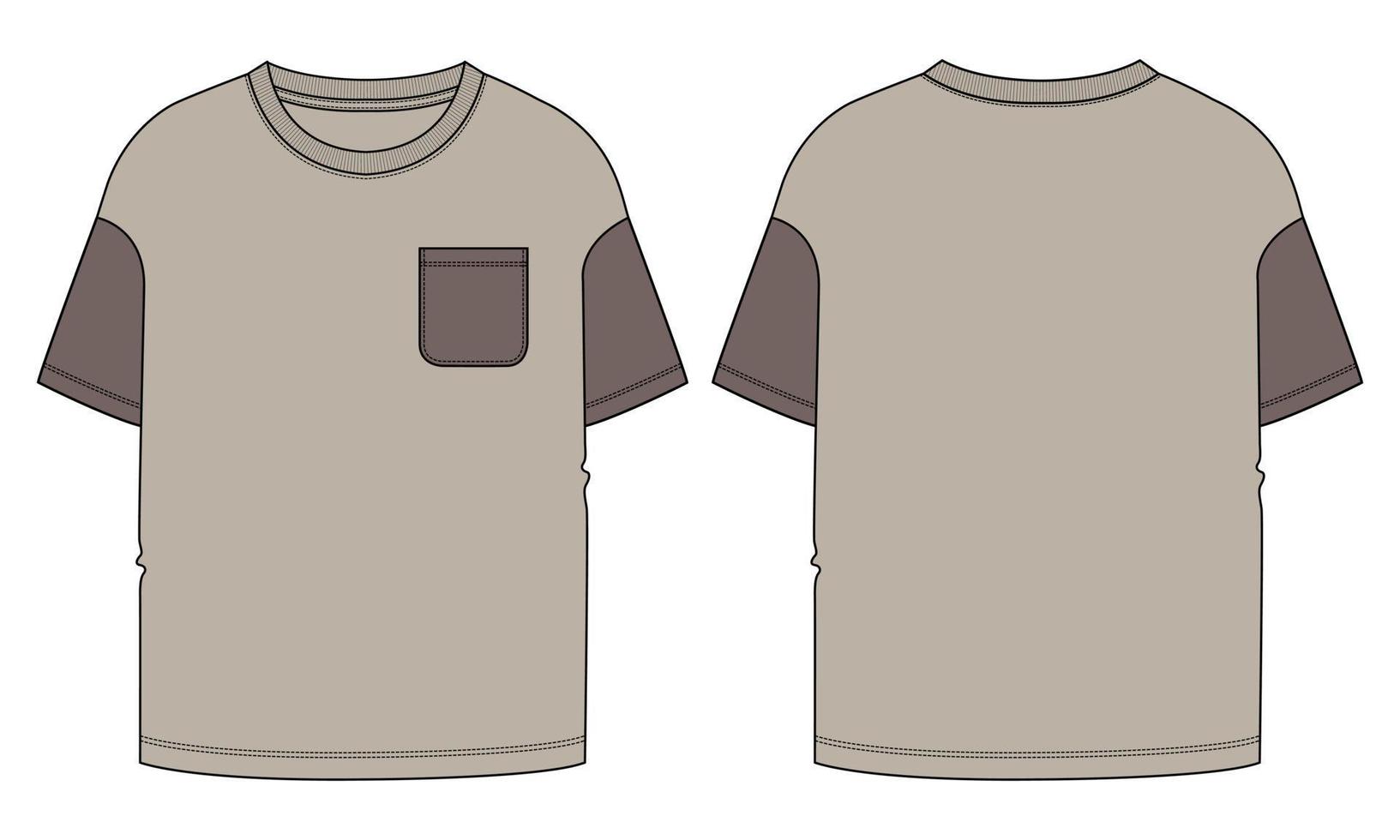 Short sleeve T shirt Technical fashion flat sketch vector illustration khaki Color template  for boys