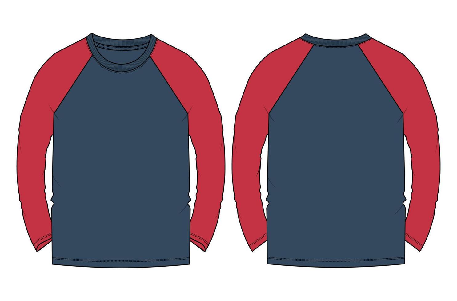 camiseta de manga larga raglán de dos tonos ilustración vectorial plantilla de color azul marino vistas frontal y posterior vector