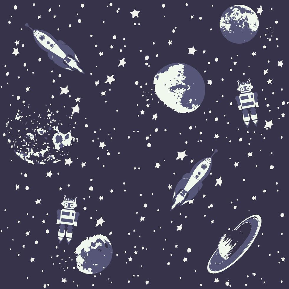 cohete, nave espacial, astronauta, estrella, cielo y otros elementos de objeto patrón vectorial sin costuras aislado en fondo azul marino.diseño vector