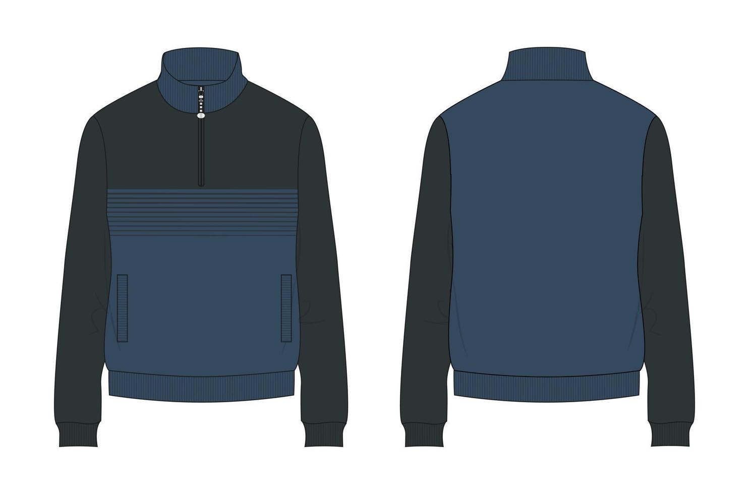 Two tone Navy blue and Black Long sleeve with Short zip fleece jacket overall technical fashion Flat sketch Vector illustration template