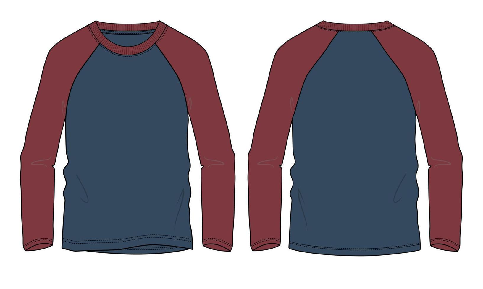 dos tonos de color raglán camiseta de manga larga moda técnica boceto plano ilustración vectorial plantilla de color azul marino vector