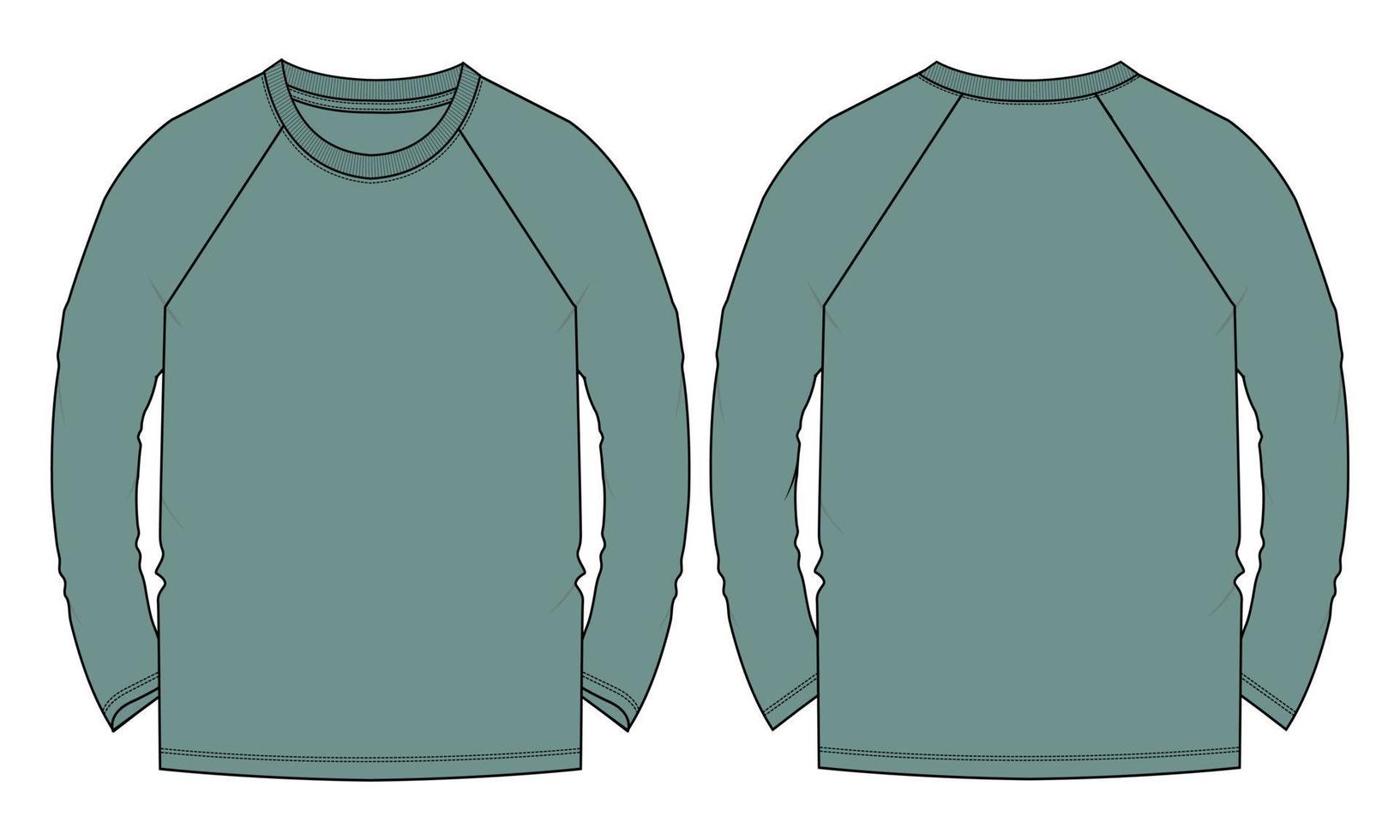 Raglan Long sleeve t shirt technical fashion flat sketch vector illustration Green Color Template