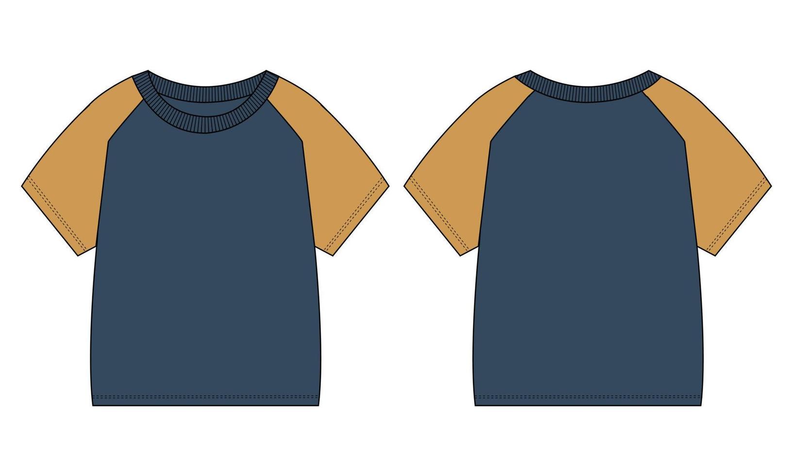 Two tone Color raglan Short sleeve T shirt Technical fashion flat sketch vector illustration navy blue Color template for baby boys