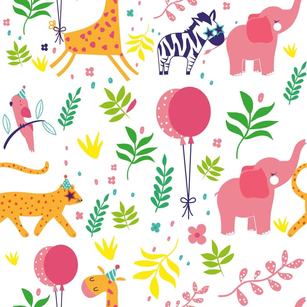 Colorful cartoon animal and balloon, Bird, Leaf, flower Seamless vector pattern isolated on white background.