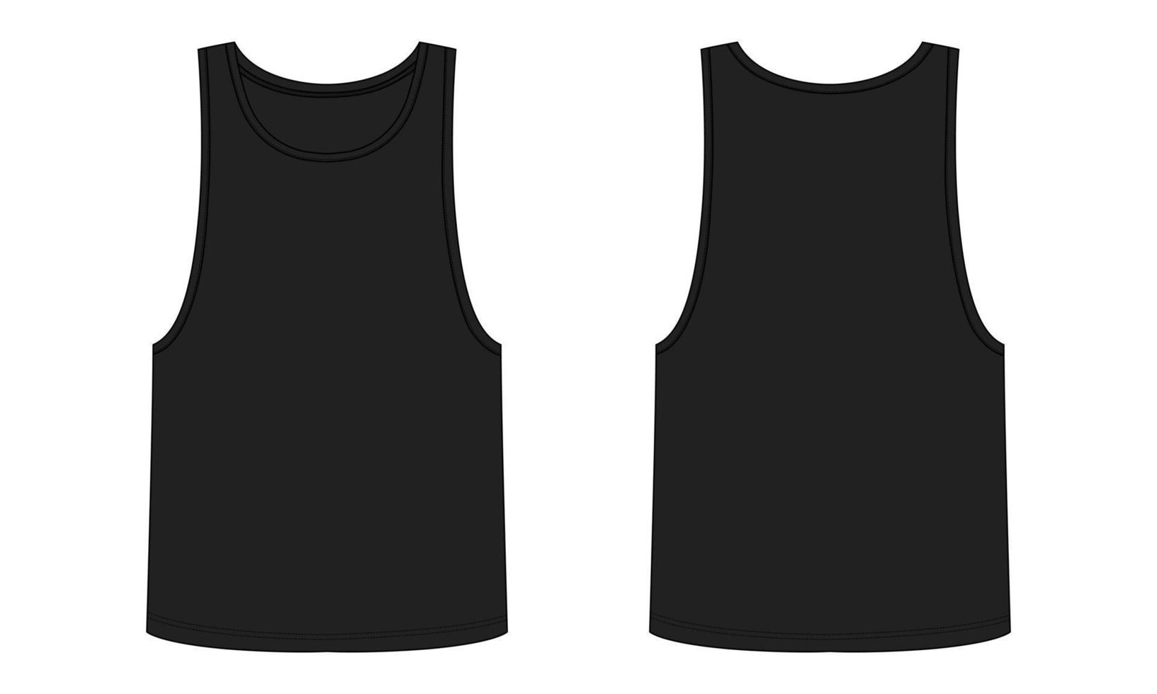 Tank top technical fashion flat sketch vector illustration Black color template front and back view isolated on white background.