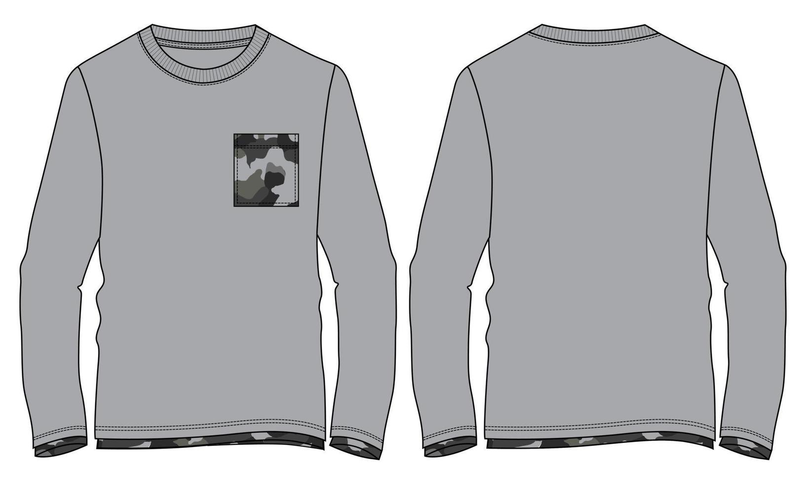 Long Sleeve T shirt with pocket Technical Fashion flat sketch vector illustration Grey Color template for mens and boys