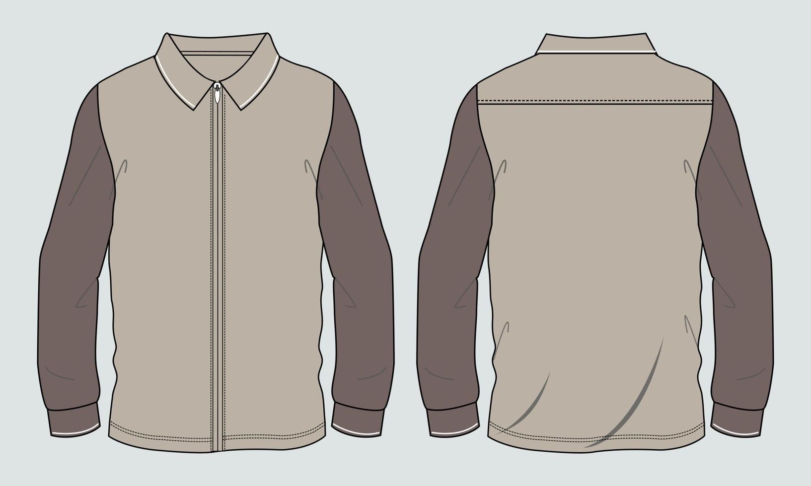 camisa de manga larga ilustración vectorial plantilla de color caqui vistas frontal y posterior vector