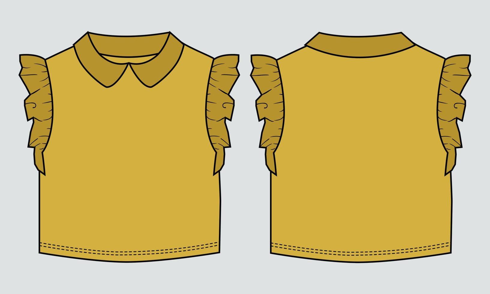 Vista frontal y posterior de la plantilla vectorial de moda de boceto técnico de diseño de vestido para niños. vector