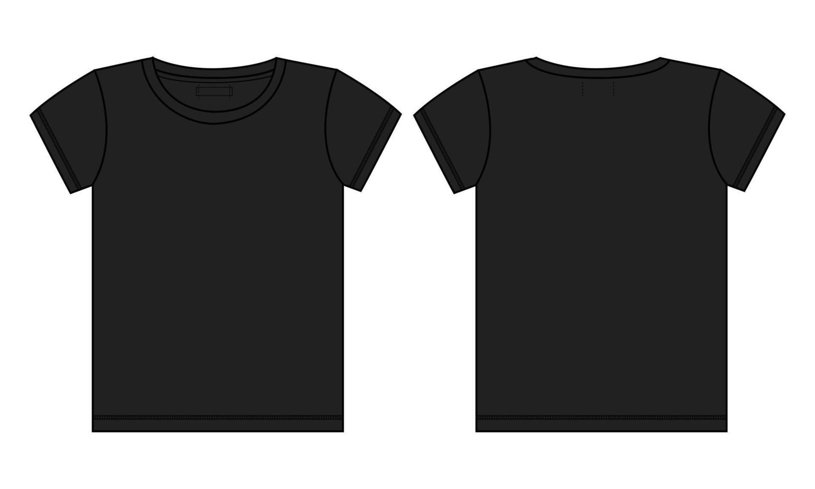 Short sleeve T shirt Technical fashion flat sketch vector illustration black Color template for ladies and baby girls