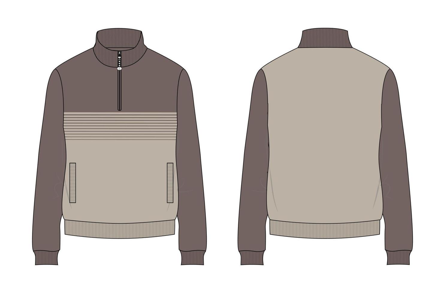 Two tone Khaki Color Long sleeve with Short zip fleece jacket overall technical fashion Flat sketch Vector illustration template