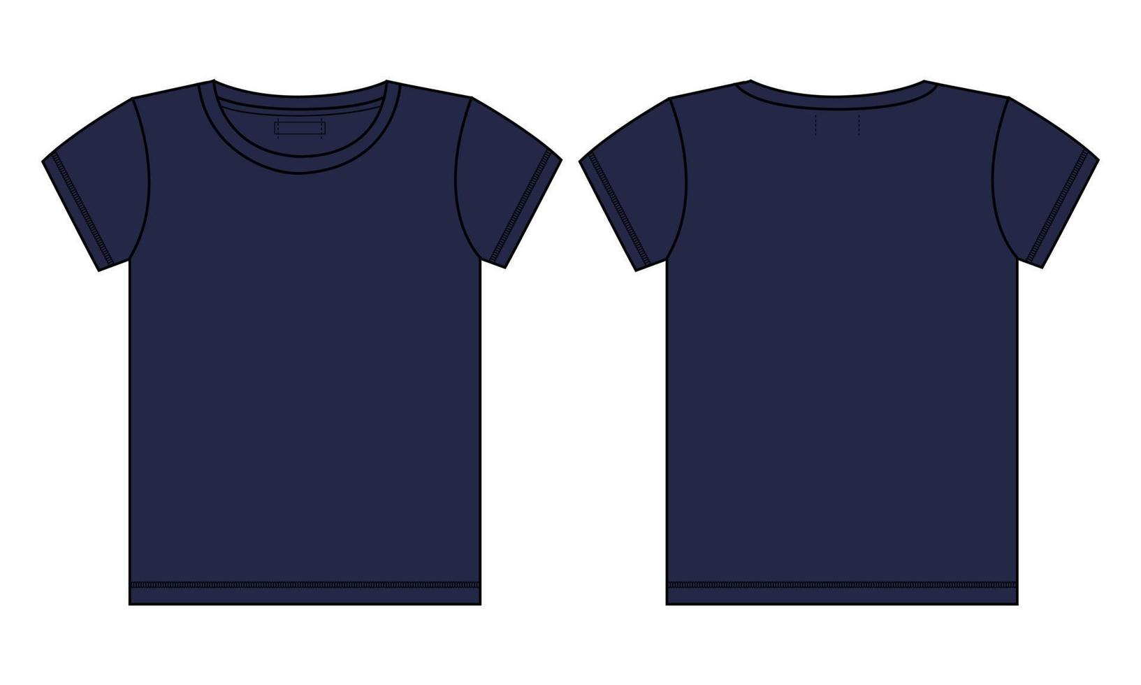 camiseta de manga corta moda técnica boceto plano ilustración vectorial plantilla de color azul marino para damas y niñas vector