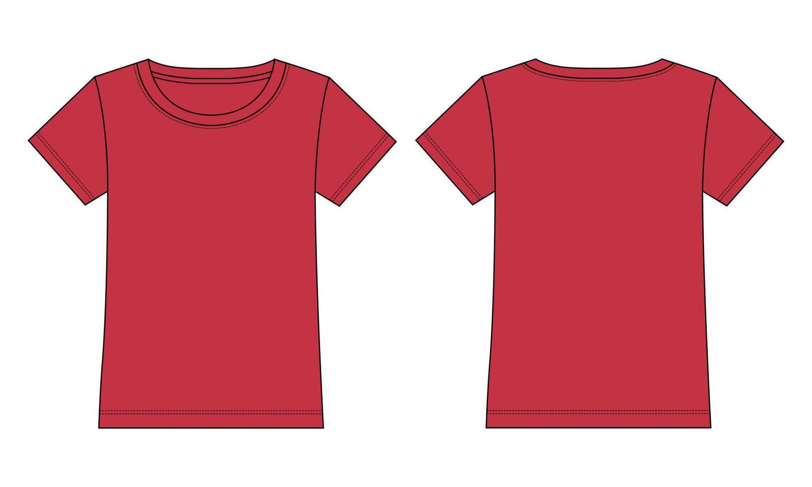 camiseta de manga corta moda técnica boceto plano ilustración vectorial plantilla de color rojo para damas y niñas vector