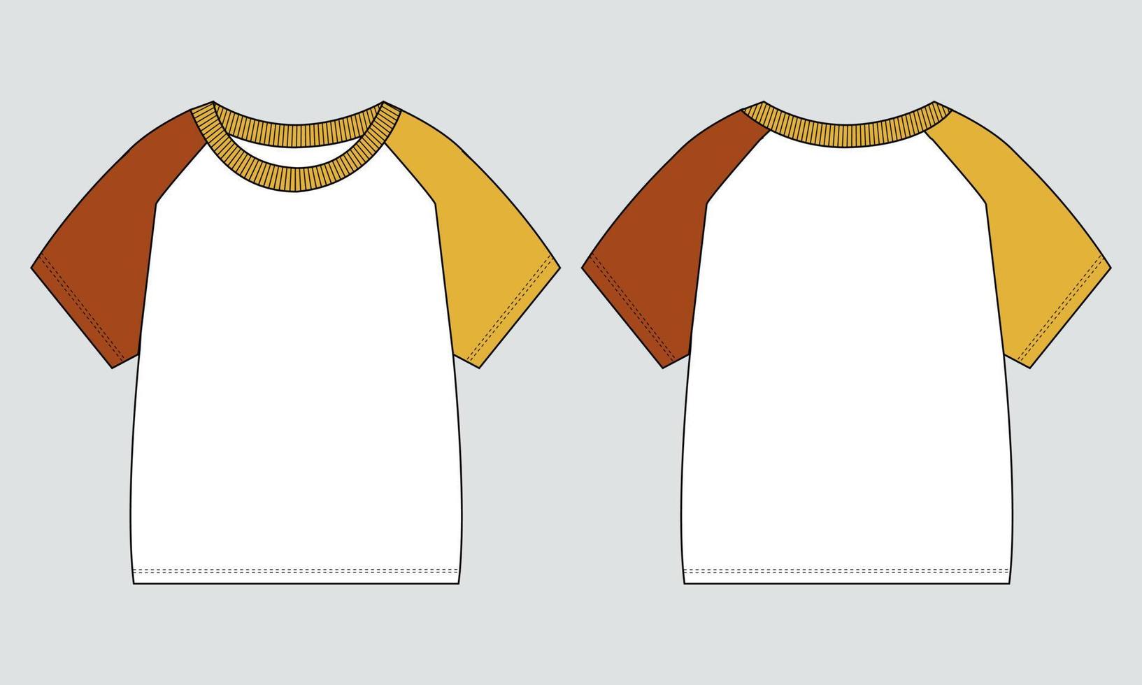 plantilla de ilustración de vector de dibujo plano de moda técnica de camiseta de manga corta raglán de dos tonos para bebés varones