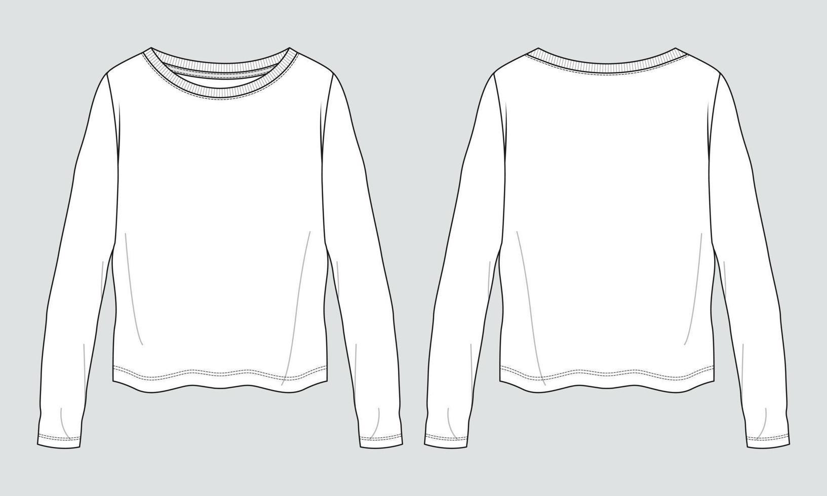 Long Sleeve T shirt Tops technical fashion flats sketch vector illustration template for ladies