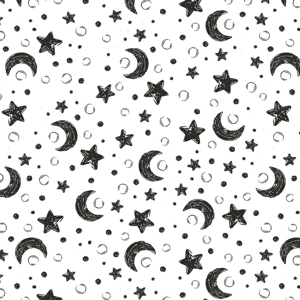 Abstract Stars and moon  Seamless vector pattern isolated on white background