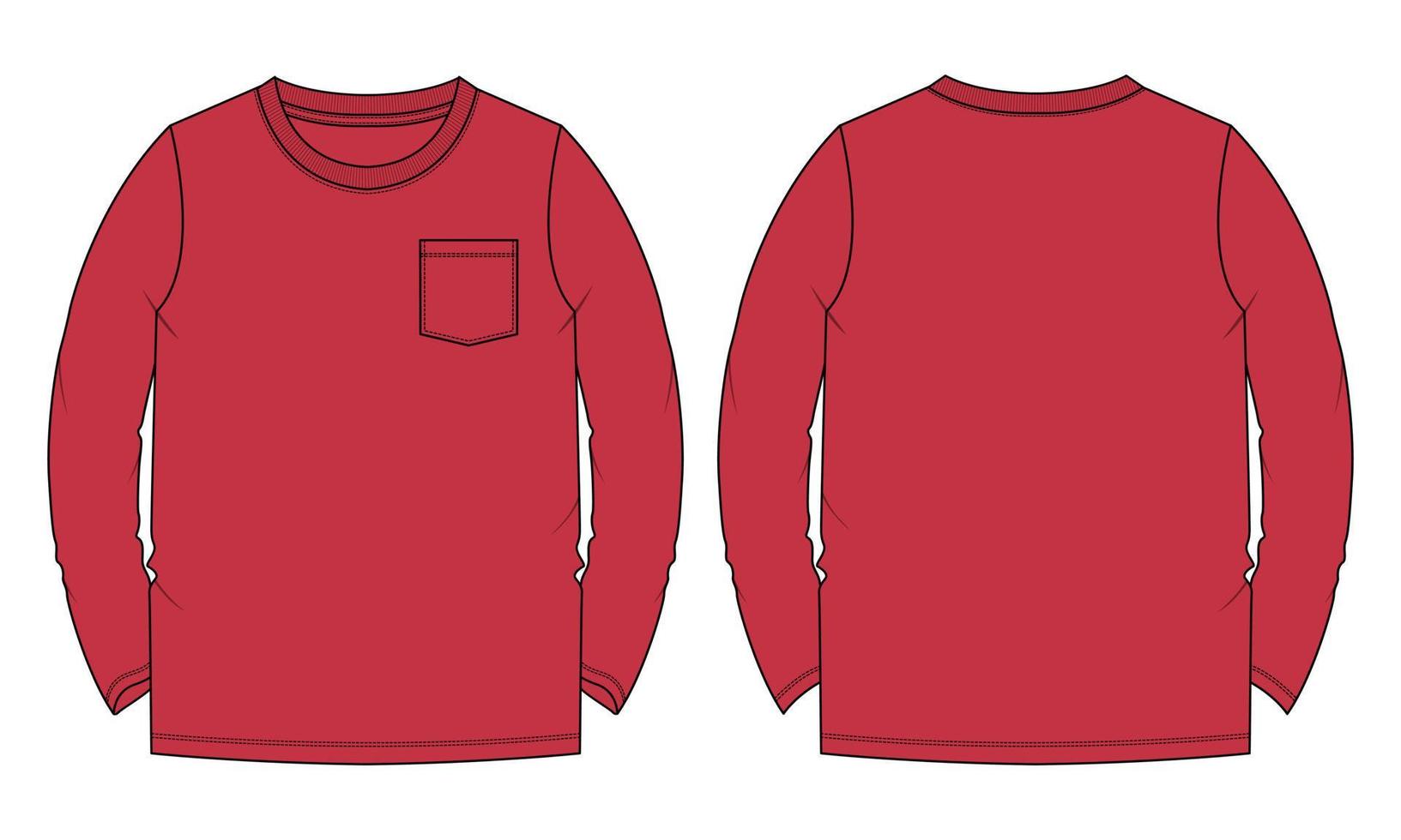 Long sleeve t shirt technical fashion flat sketch vector illustration Red Color Template