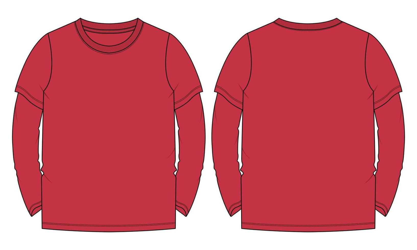 Long sleeve t shirt technical fashion flat sketch  vector illustration Red Color Template