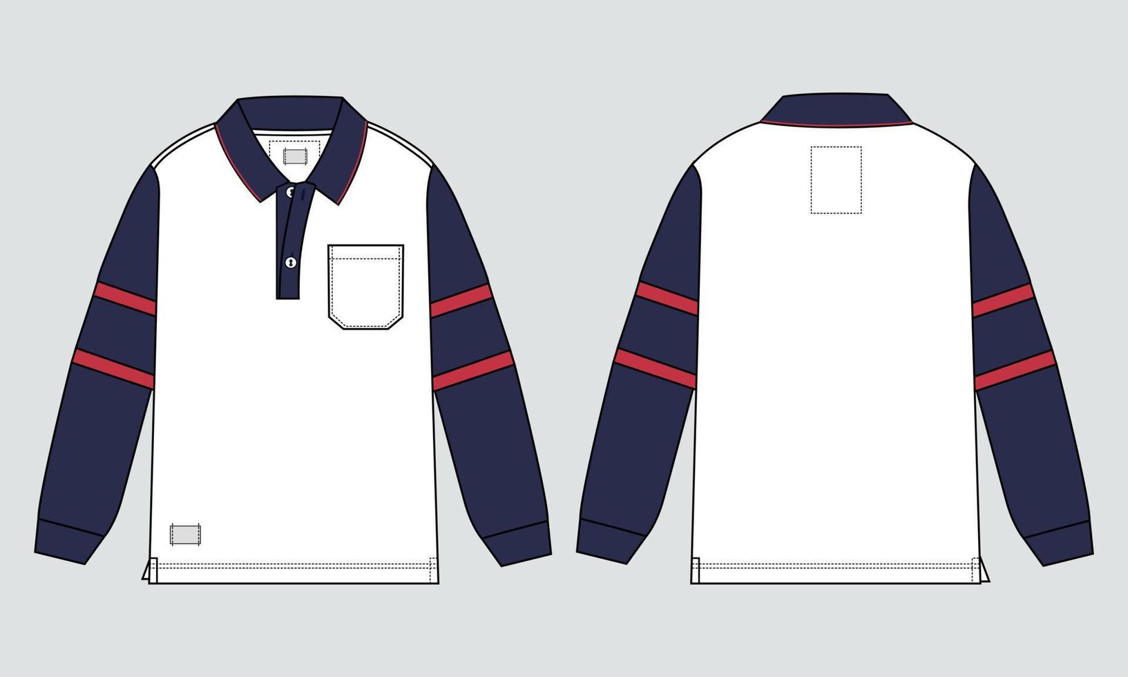 Long sleeve polo shirt Technical fashion flat sketch vector illustration template