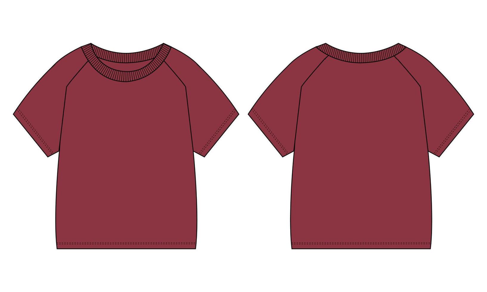 Raglan Short sleeve T shirt Technical fashion flat sketch vector illustration Red Color template for baby boys