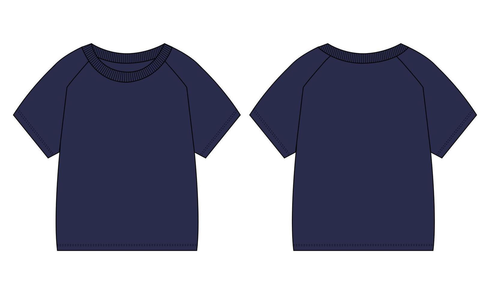 Raglan Short sleeve T shirt Technical fashion flat sketch vector illustration Navy Color template for baby boys