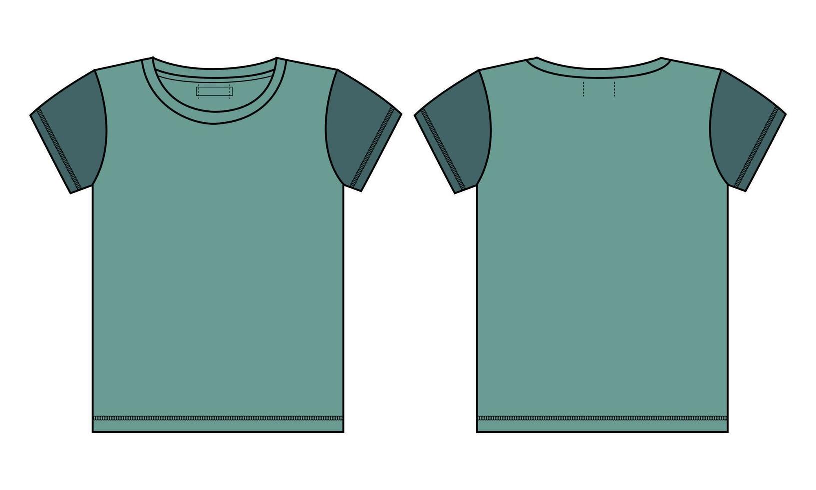 camiseta de manga corta de color de dos tonos moda técnica boceto plano ilustración vectorial plantilla de color verde para damas y niñas vector