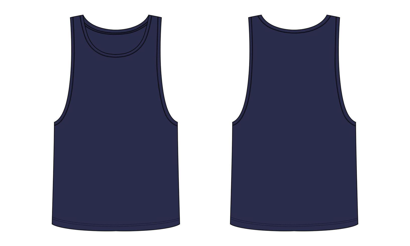 Tank top technical fashion flat sketch vector illustration Navy color template front and back view isolated on white background.