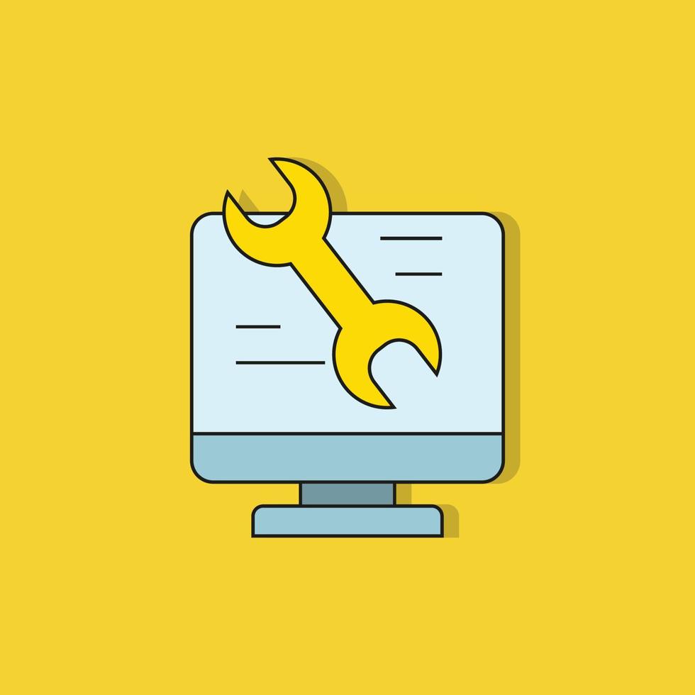 icono de computadora y llave inglesa sobre fondo amarillo vector