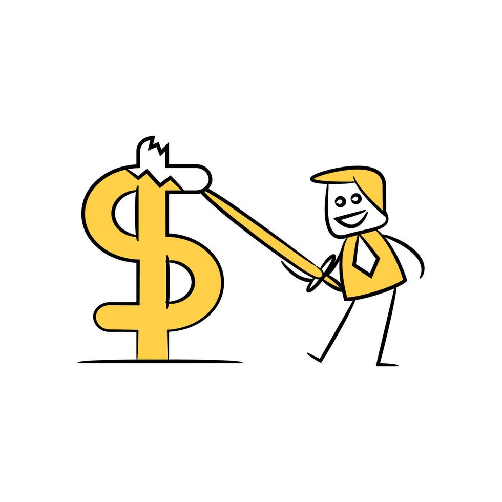 hombre de negocios cortando signo de dólar figura de palo amarillo ilustración vector