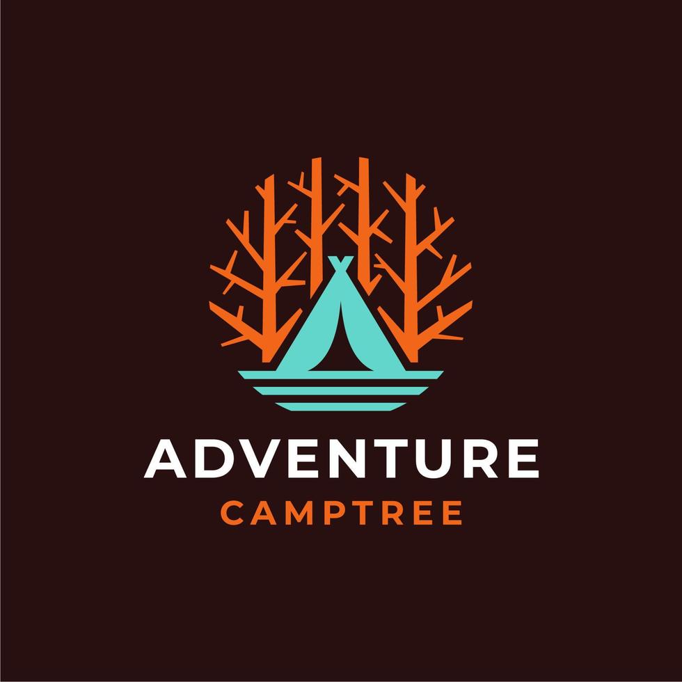 diseño de logotipo de aventura de campamento y árbol vector