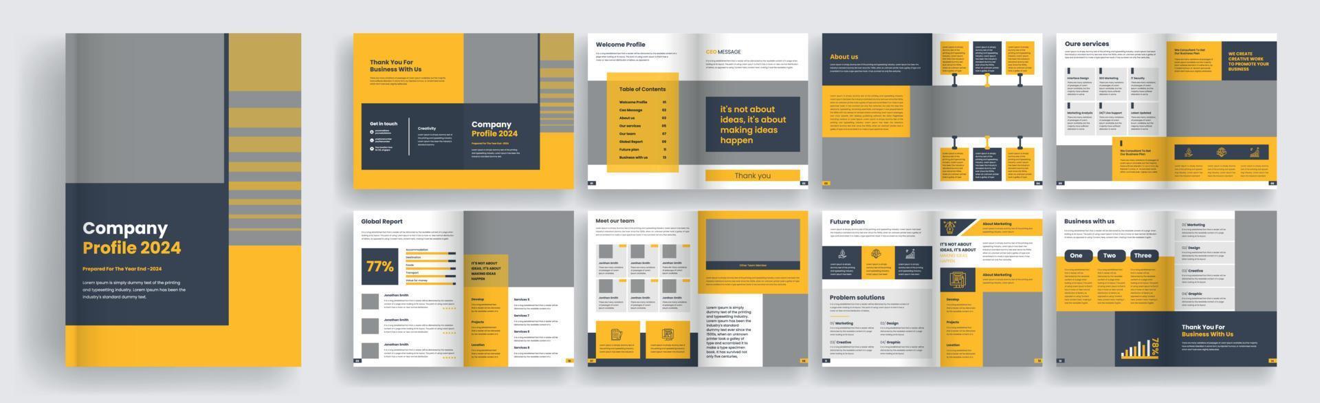 16 pages company profile, business brochure template. black and yellow color. minimalist and modern design vector
