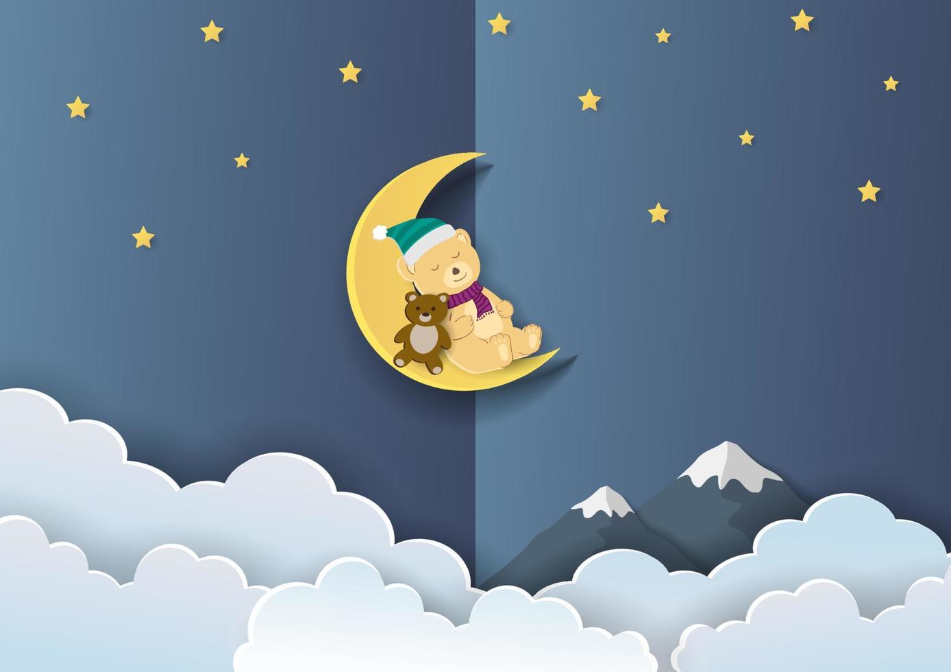 Paper cut and craft style with cute bear sleeping on the moon vector