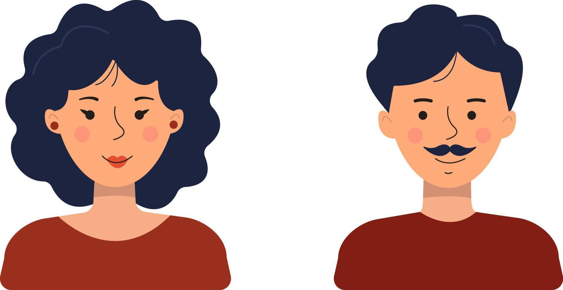 avatares de personas en un estilo plano. ilustración vectorial de un hombre y una mujer aislados en un fondo blanco. vector