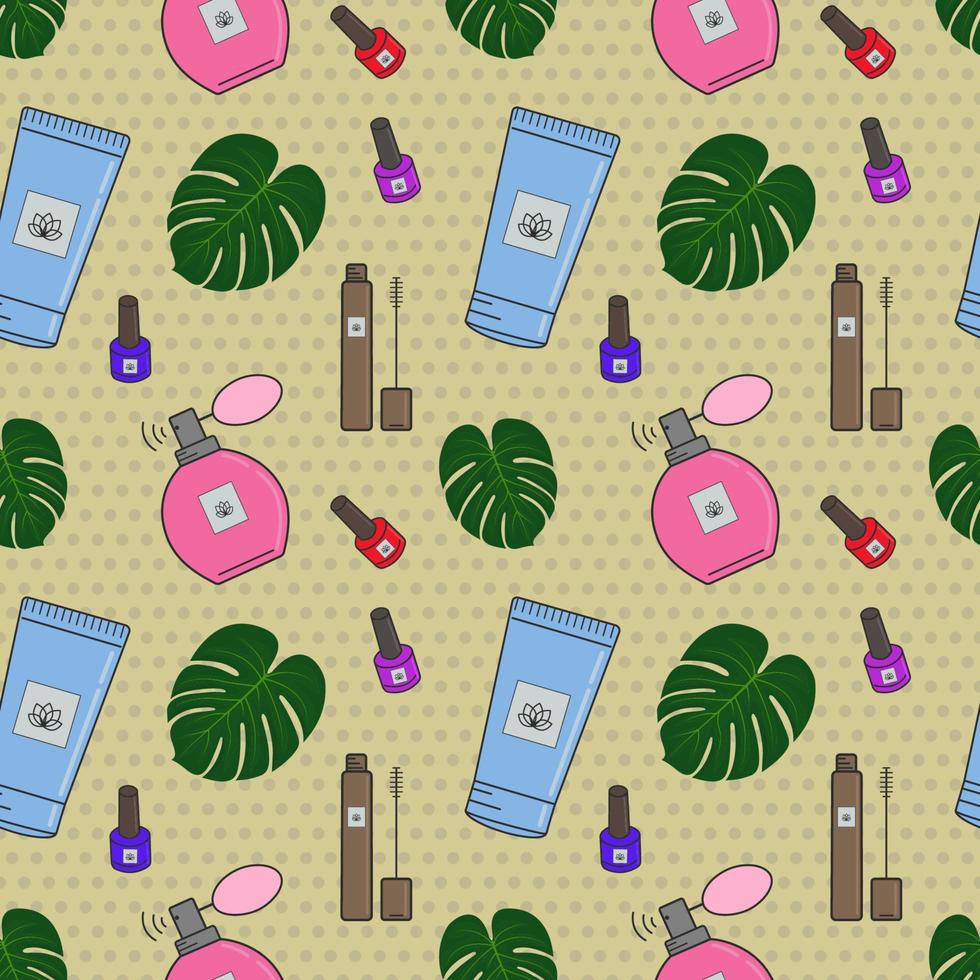 Vector seamless pattern of cosmetics.Creams, lipstick, nail polish, face masks. Cosmetics store, beauty salon, postcard design, wrapping paper and packaging prints. A banner with cosmetics.