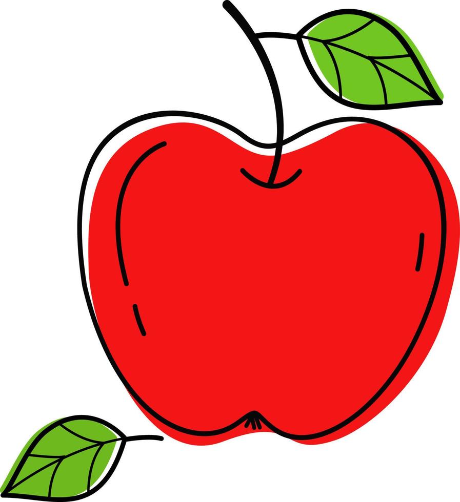 Illustration of a red apple. It is used for advertising and covers of children's books, food illustrations, restaurant menus, logos, icons.Vector of fruits, leaves of garden plants. Dietary nutrition vector
