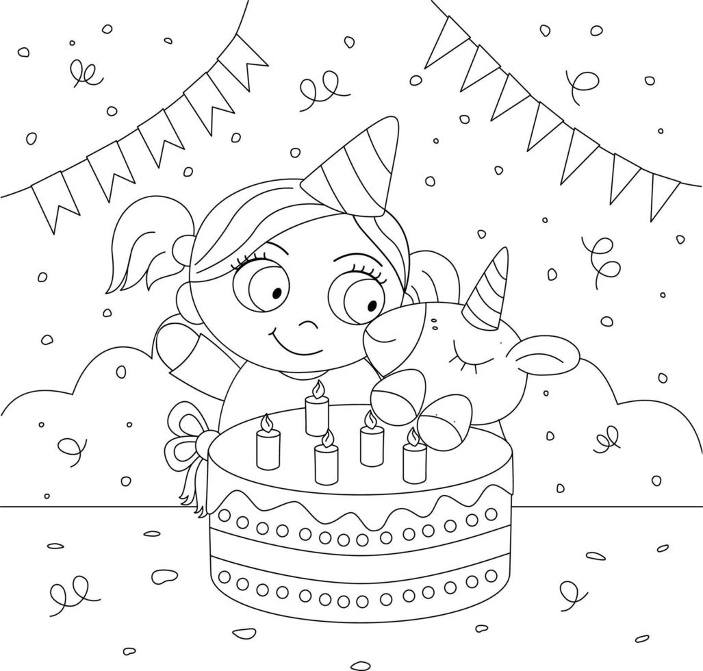 Coloring book. Vector illustration. Happy Birthday coloring book for kids. Cute children's illustration.