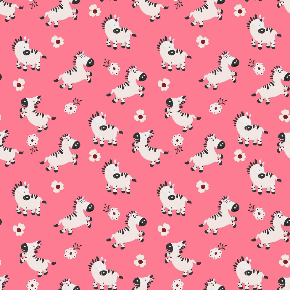 Seamless pattern with cute hand drawn zebras and flowers. vector