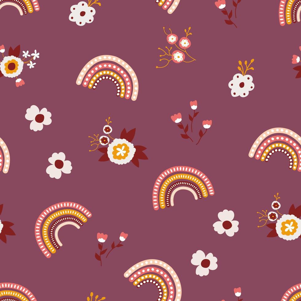 Cute hand-drawn seamless pattern with flowers and rainbows. vector
