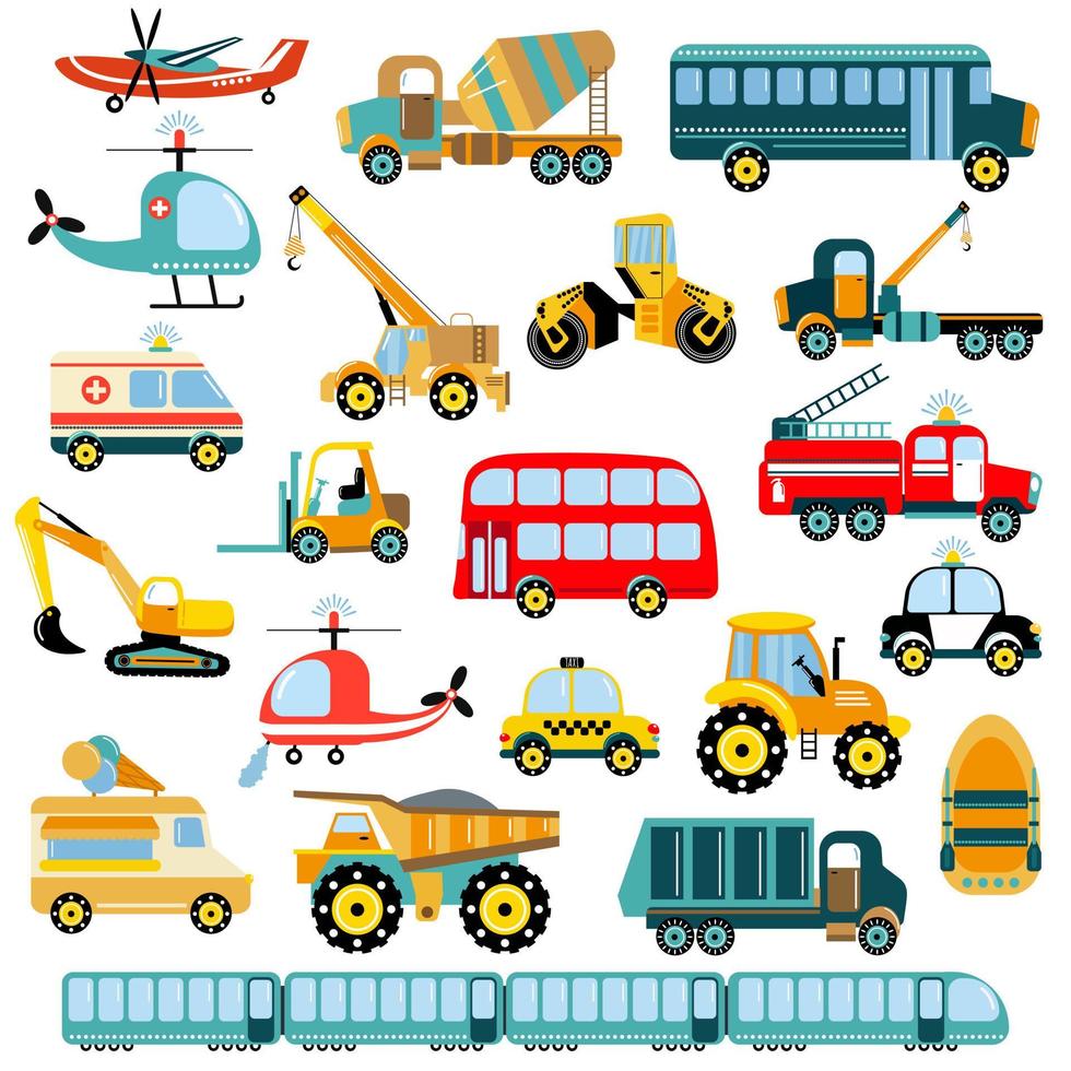 Big set of different vehicles. Illustration for children. Flat style. vector