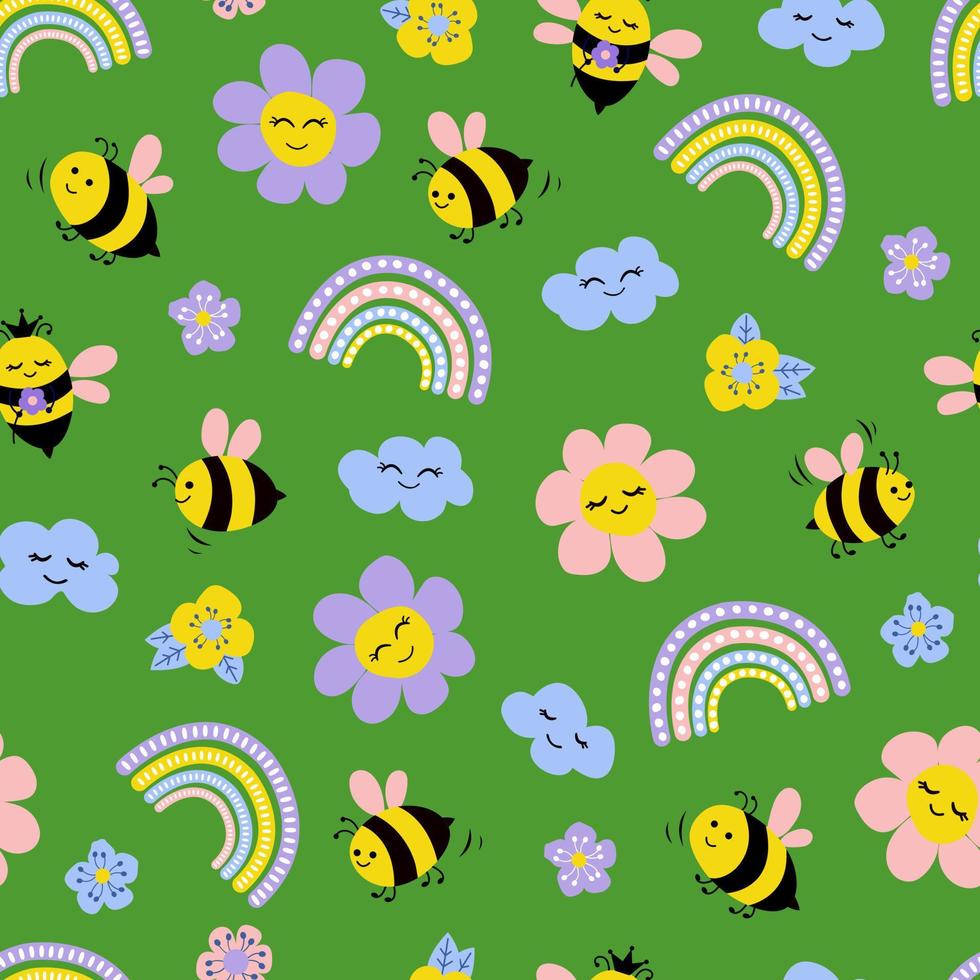 Cute hand-drawn pattern with bees, rainbow, clouds and flowers. Cartoon style. vector