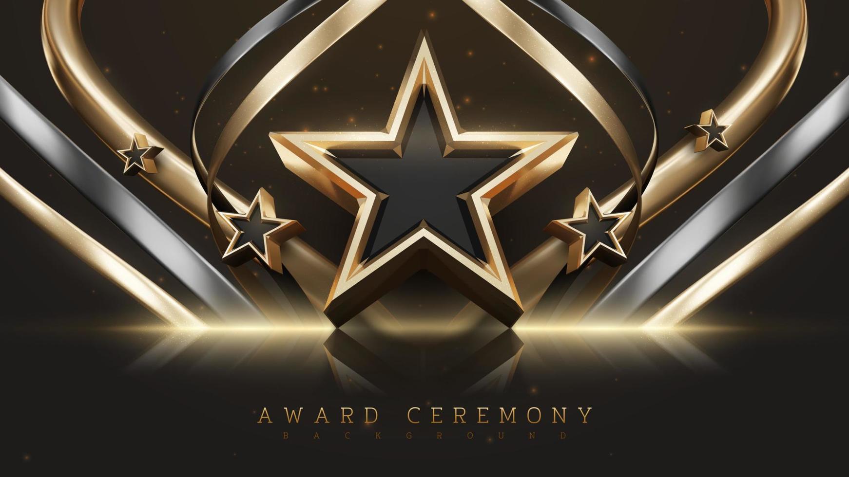 Award ceremony background with 3d gold star and ribbon element and glitter light effect decoration. vector