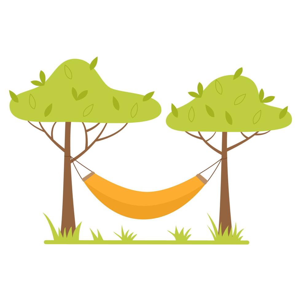 A hammock stretched between the trees. Outdoor recreation, camping. Flat vector illustration isolated on a white background.
