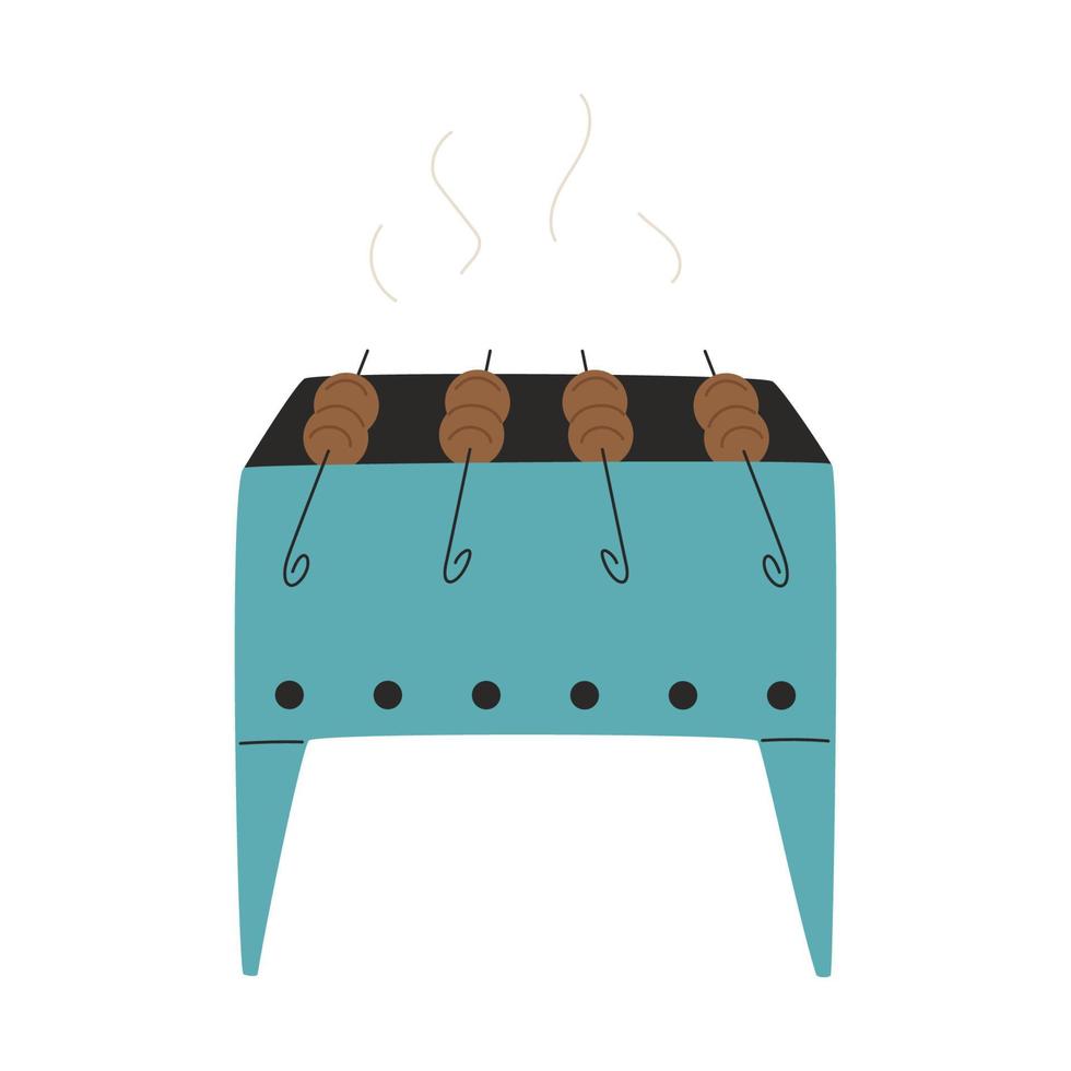 barbacoa con kebabs en brochetas. carne a la parrilla sobre brasas. comida cocinada en un picnic, camping, senderismo, viajes. un plato de cocina caucásica. ilustración vectorial plana aislada en un fondo blanco. vector