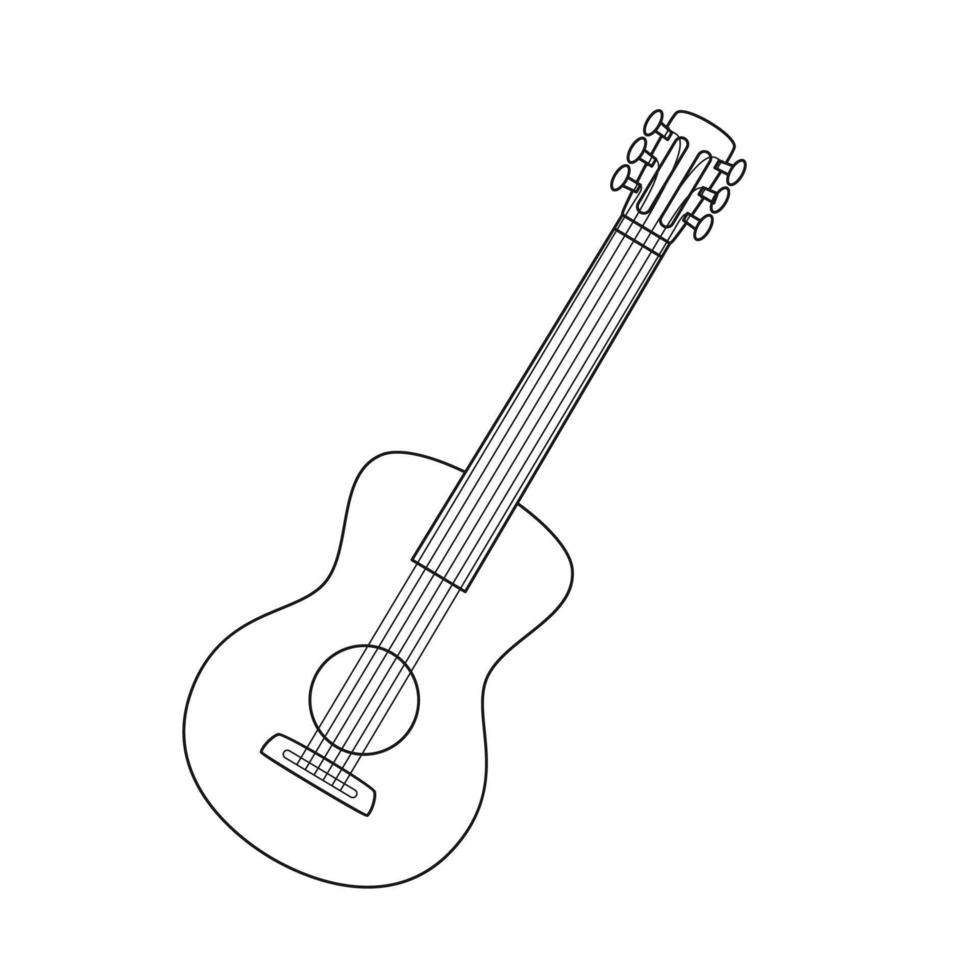 Doodle Classic six-string guitar. A stringed musical instrument. A symbol of hiking, camping, traveling. Outline black and white vector illustration isolated on a white background.