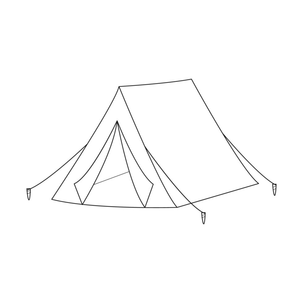 Doodle Camping tent. Equipment for picnics, outdoor recreation, travel, hiking. Outline black and white vector illustration isolated on a white background.
