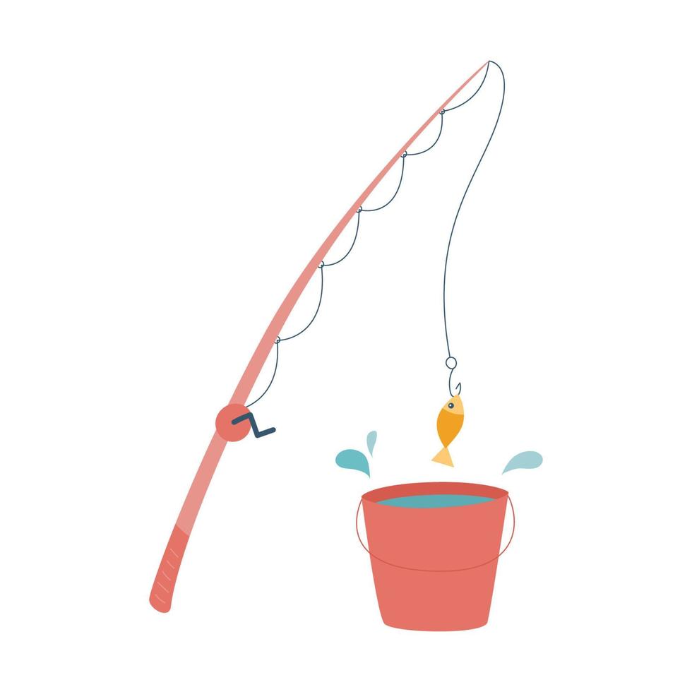 Fishing rod with fishing line and fish on a hook. Equipment for fishing. Bucket with water. Hobbies, summer activity, food extraction. Flat vector illustration isolated on a white background