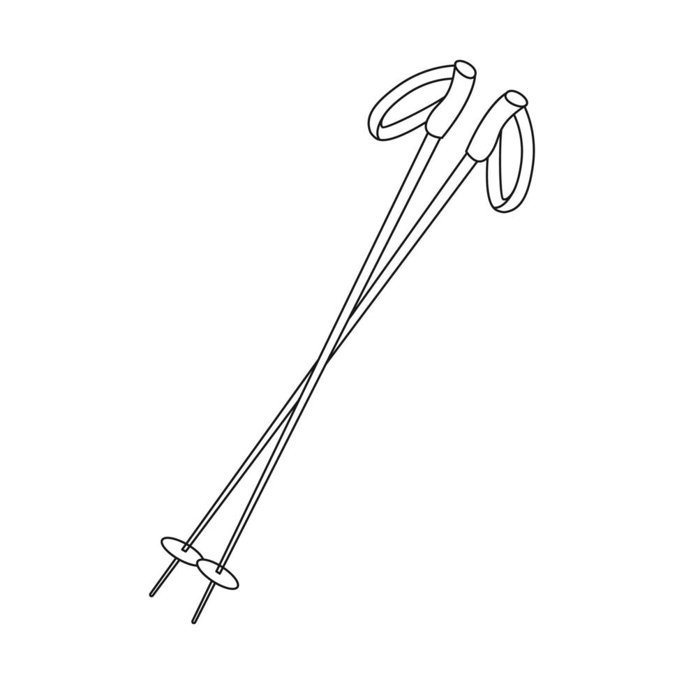 Doodle Trekking poles for hiking in the mountains. Equipment for tourism, travel, hiking. Outline black and white vector illustration isolated on a white background.