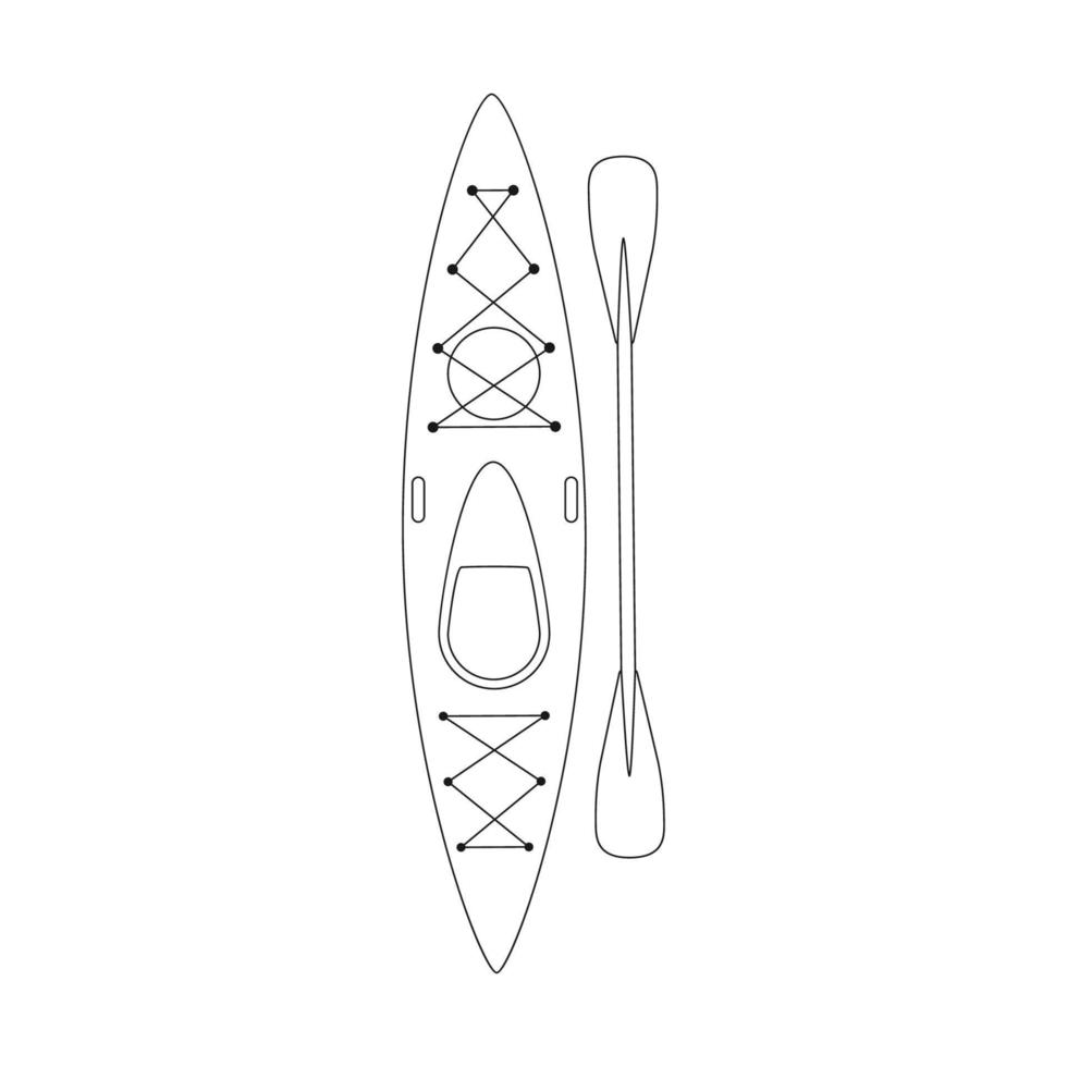 doodle kayak de plástico con una paleta. bote de remos para pesca, turismo, viajes, deportes acuáticos activos. vista superior. esbozar ilustración vectorial en blanco y negro aislada en un fondo blanco. vector